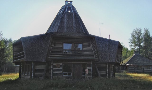 the main lodge with its dramatic roof