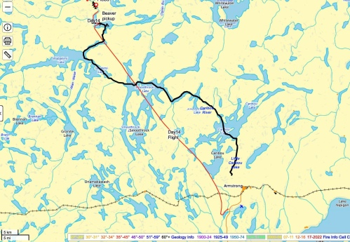 87 kim from Kenoji to Little Caribou Lake take-out spot with Armstrong a 6 km. walk away